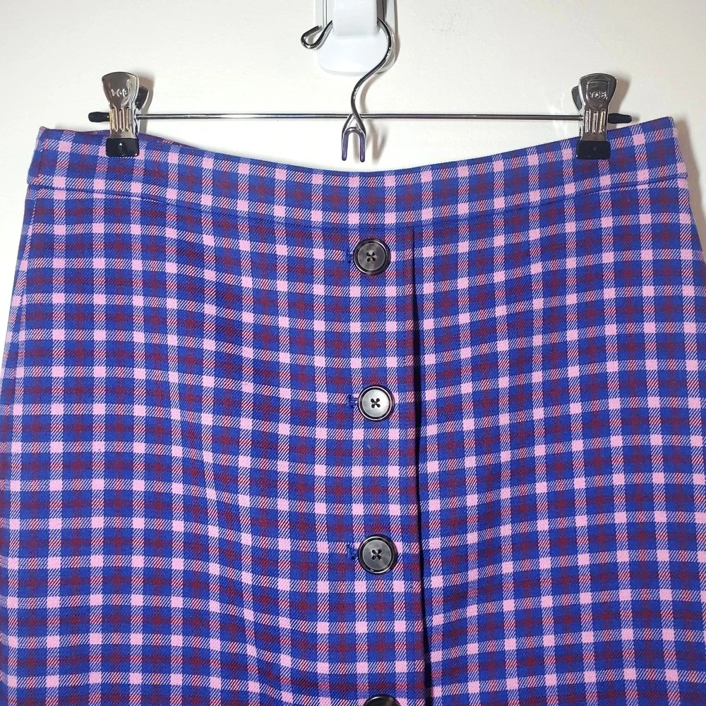 J. Crew Button-front Pencil in Mott Plaid Royal Petunia Check Skirt Size 6‎